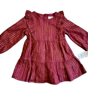 NWT Cat & Jack Size 3-6 Mo Burgundy & Gold Lurex Long Sleeved Dress!!